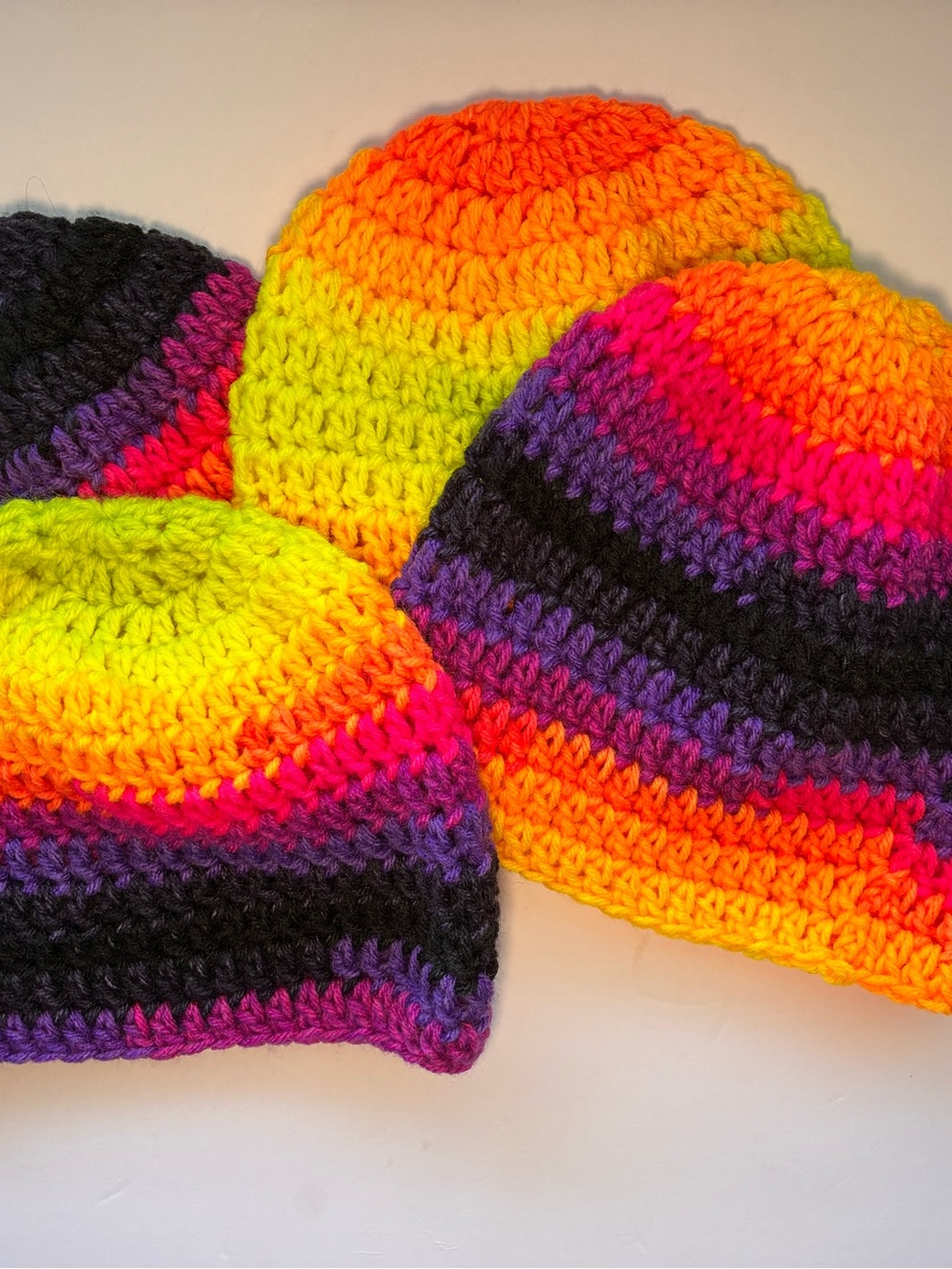Unisex Rainbow Crochet Beanie - Neon Yellow, Orange, Pink, Purple, Black